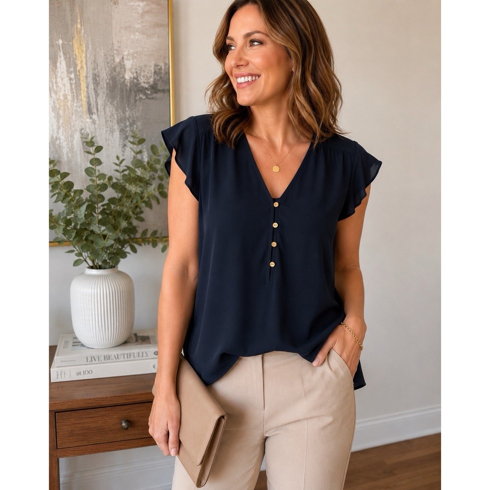 LOFT Large Dark Navy Flutter Sleeve Blouse Gold Button V Neck Flowy Top